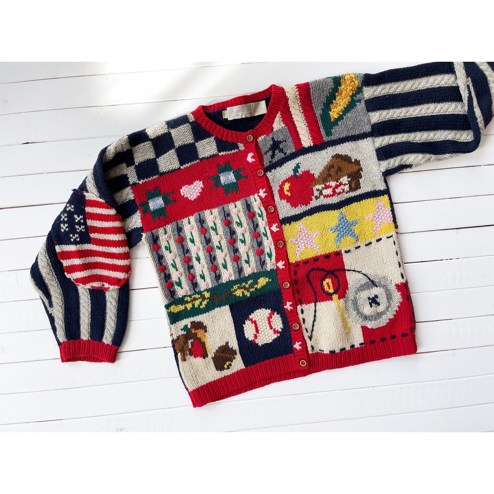 Eagles Eye vtg Americana flag pie baseball wool cardigan sweater‎ size M